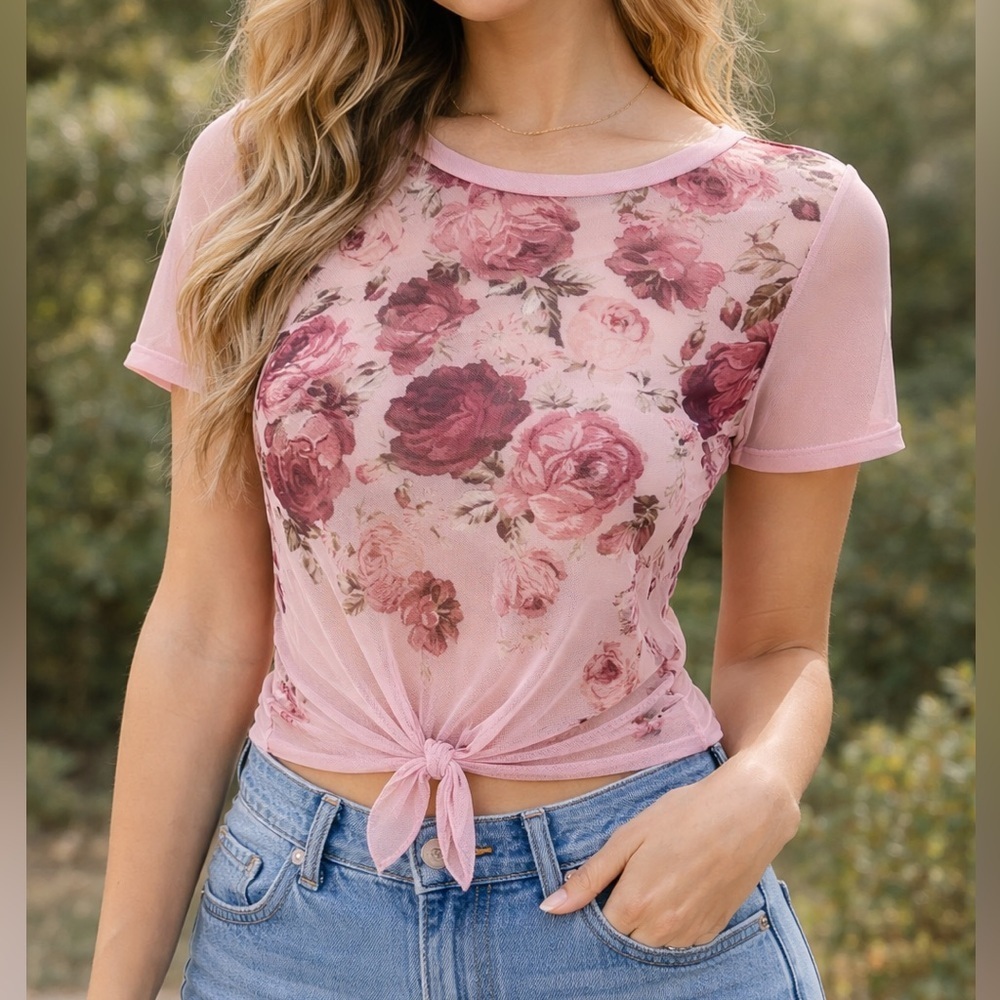 Upcycled West Coast Love Pink Flora Mesh Top Tie Front Cottagecore Y2K Sheer Tee